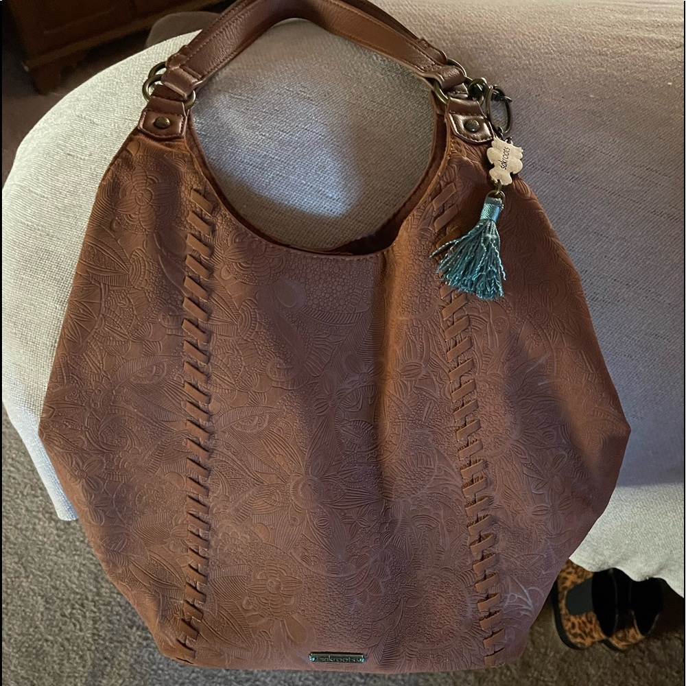 Sakroots brown floral embossed bucket shoulder purse